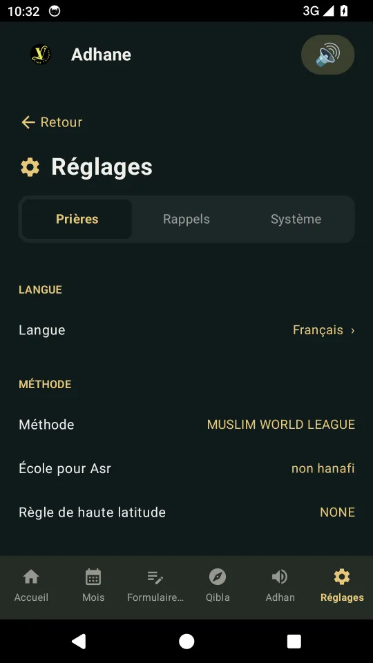 Réglages de l’adhan et des prières