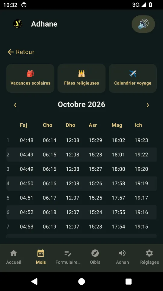 Calendrier mensuel des prières